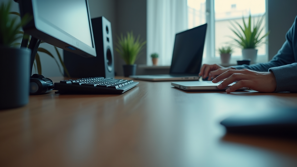 Eye-level view of a modern workspace with multiple tech gadgets
