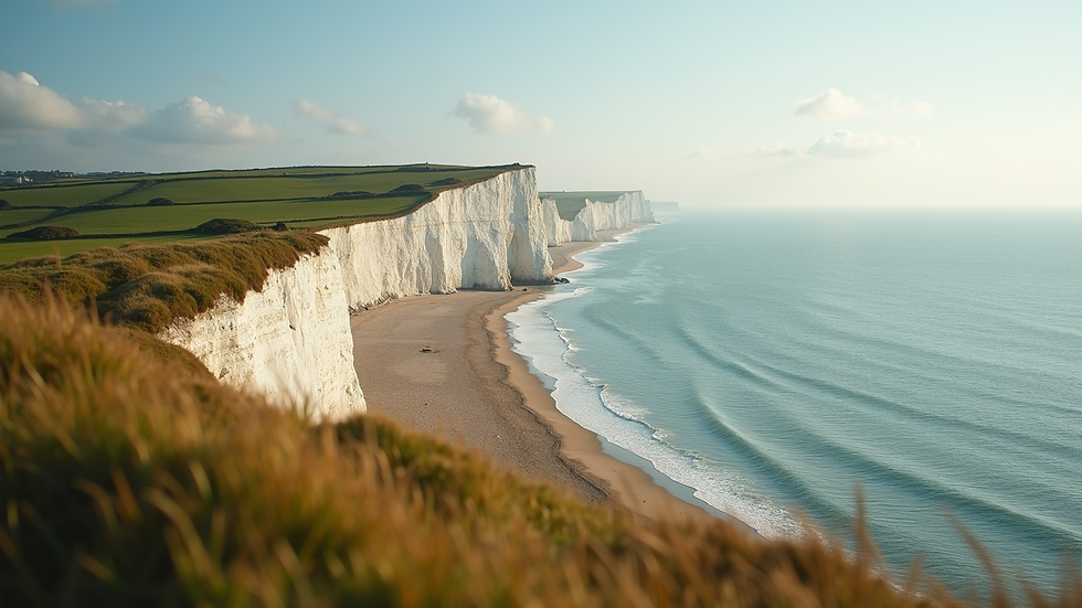 Eye-level view of coastal landscape with chalk cliffs