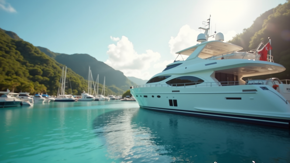 Close-up view of luxury yacht docked at a marina in a tropical island