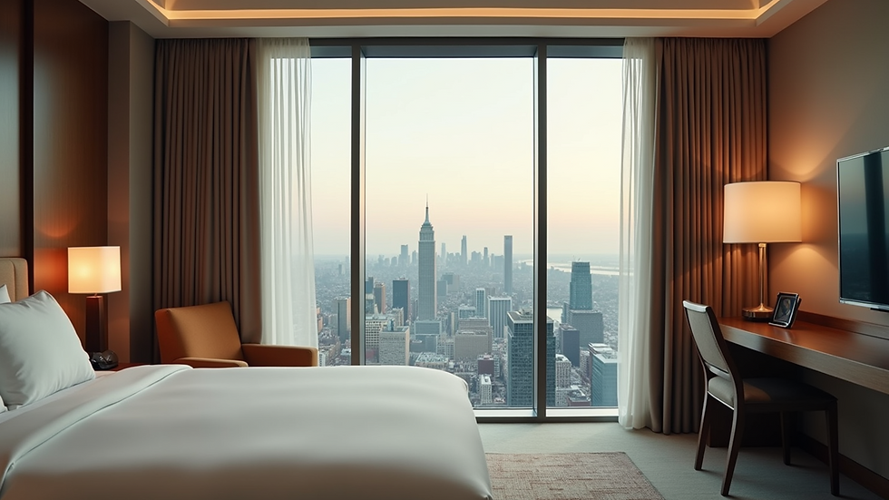 High angle view of a luxury hotel room with a city skyline outside the window