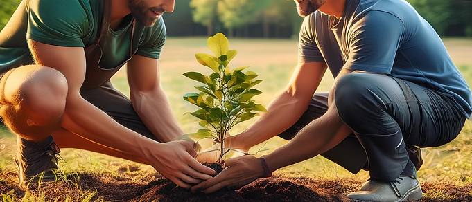 A community group planting a tree together