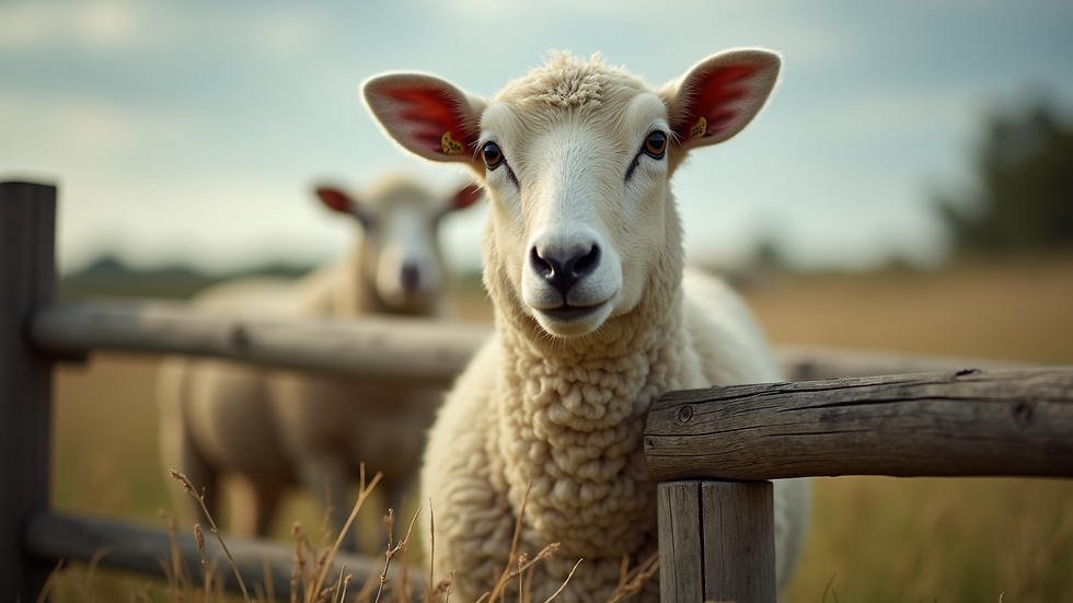 Close-up view of a wooden fence with grazing sheep in the background
