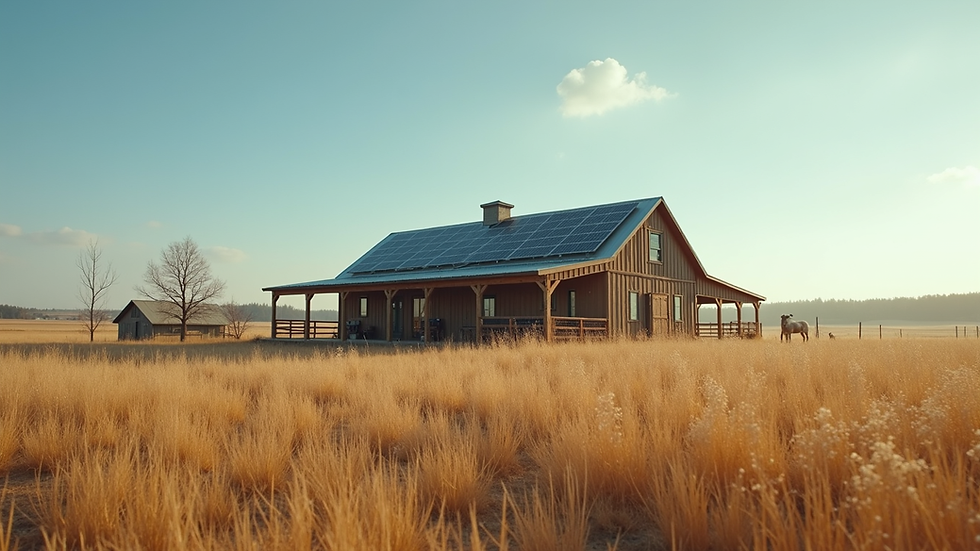 Wide angle view of a rural homestead with solar panels on the roof