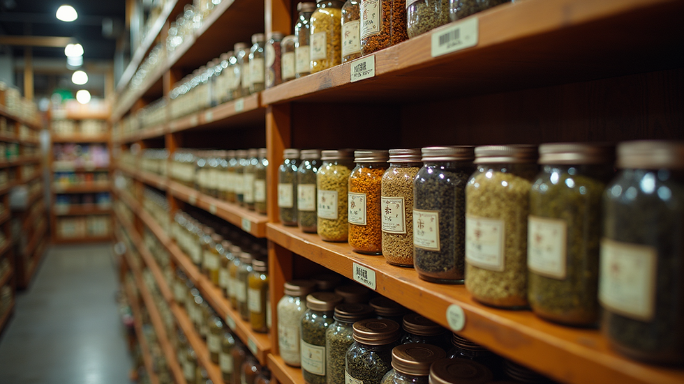 Eye-level view of shelves filled with traditional Chinese herbs in a store