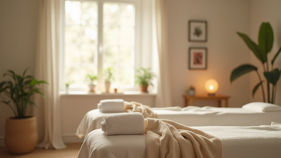 Eye-level view of a calm acupuncture treatment room with natural light