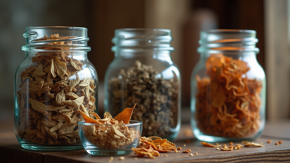 Close-up view of dried traditional Chinese herbs in glass jars