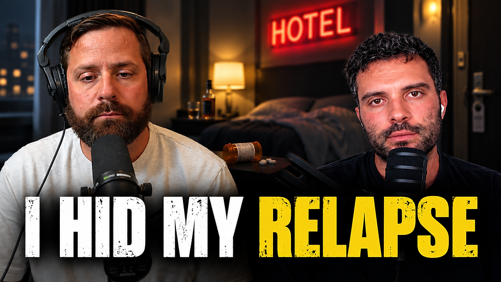 Sober Motivation podcast thumbnail showing two men speaking into microphones with the text ‘I Hid My Relapse’ and a hotel room in the background.