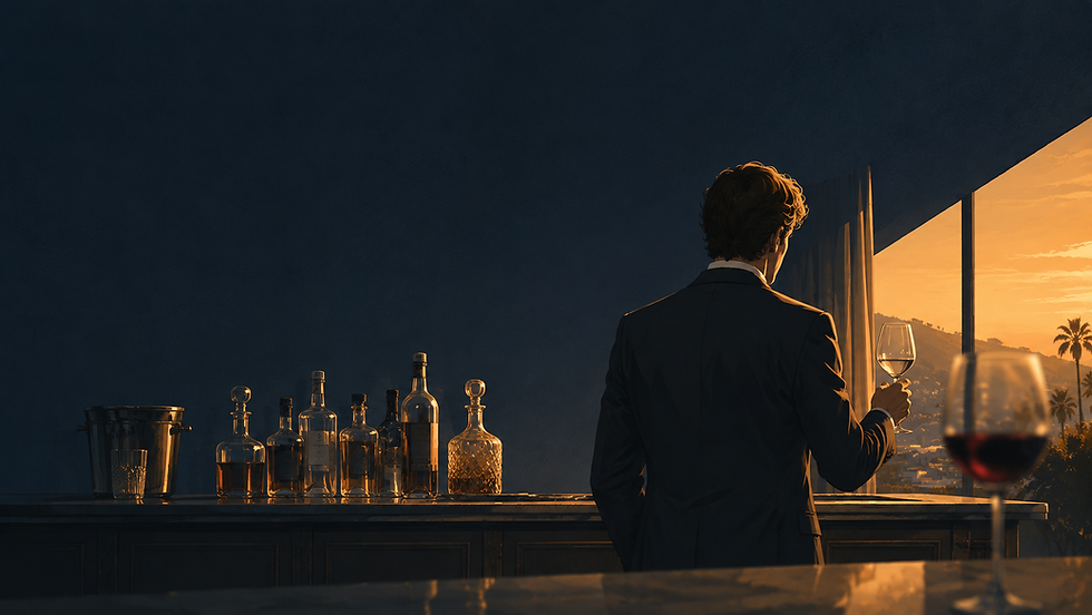 Editorial illustration representing Brad Pitt’s return to drinking after seven years of sobriety, exploring relapse, recovery, and his changing relationship with alcohol.