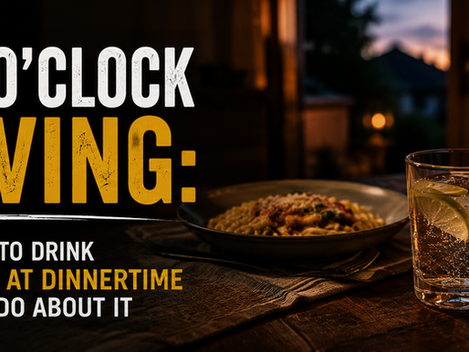 A dinner table at sunset with a sparkling drink, evening meal, and warm lighting, representing the common experience of alcohol cravings that intensify around 5 PM and dinnertime.
