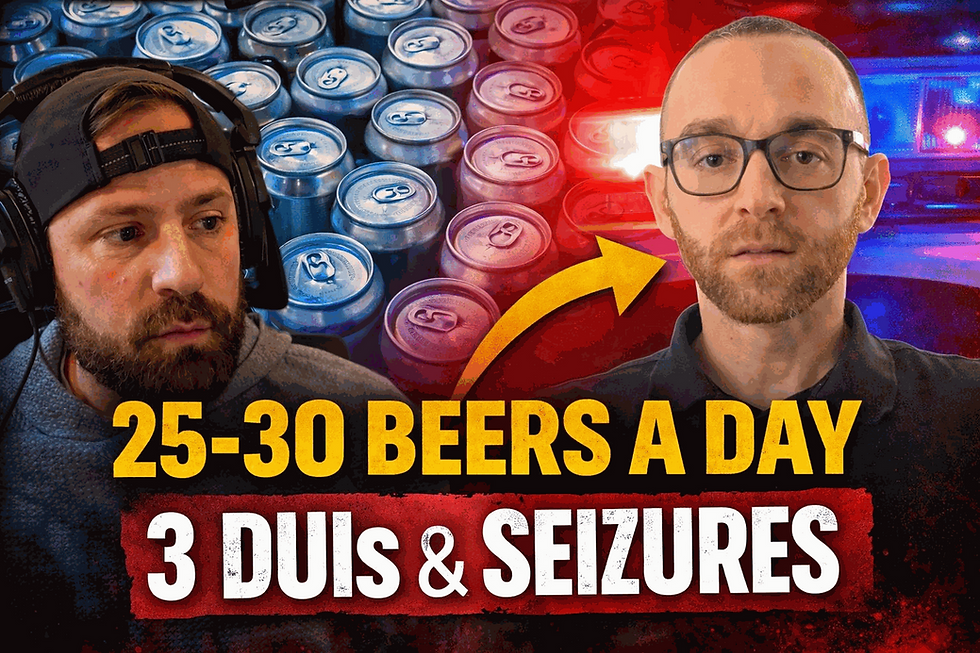 Two men in a podcast studio surrounded by beer cans and police lights, text reads "25-30 Beers a Day, 3 DUIs and Seizures" - Sober Motivation Podcast episode with Derrick discussing alcohol addiction and his recovery story