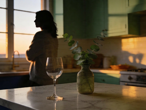 A women standing in her kitchen with a win glass 
