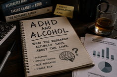 ADHD and alcohol research concept showing a notebook with notes about dopamine, impulse control, self-medication and higher risk, alongside a glass of alcohol and research charts about ADHD and substance use disorde