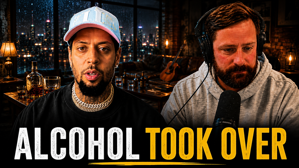David Chaney and host Brad on the Sober Motivation podcast, seated in a dimly lit studio with a whiskey bottle and glasses in the background, with the words Alcohol Took Over across the bottom of the thumbnail.