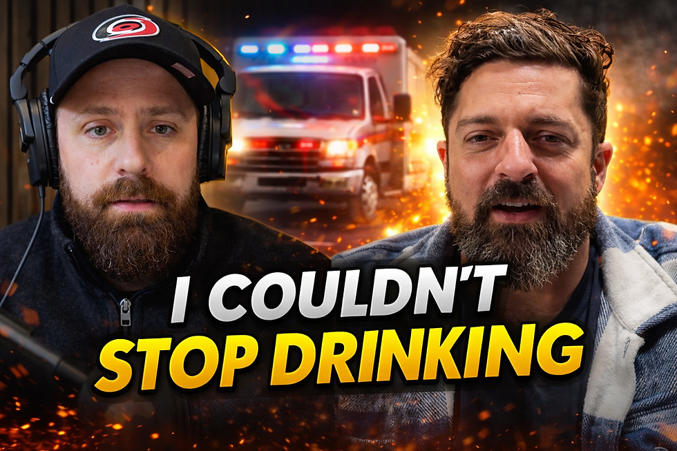 Two men in a podcast studio with an ambulance and flames in the background, text reads "I Couldn't Stop Drinking" - Sober Motivation Podcast episode with Don discussing alcohol addiction and recovery