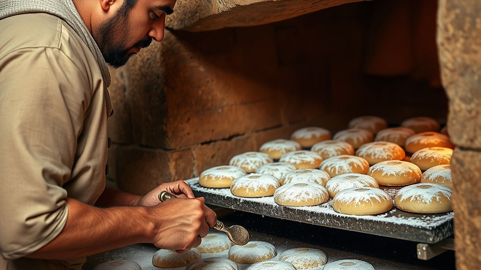 High angle view of plate filled with decorated Kahk cookies