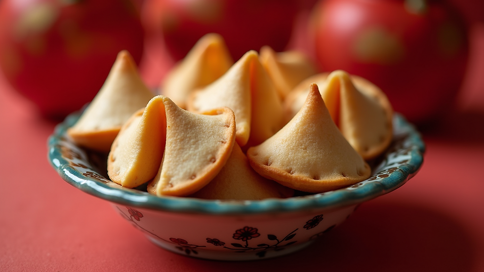 Close-up view of fortune cookies in a decorative bowl