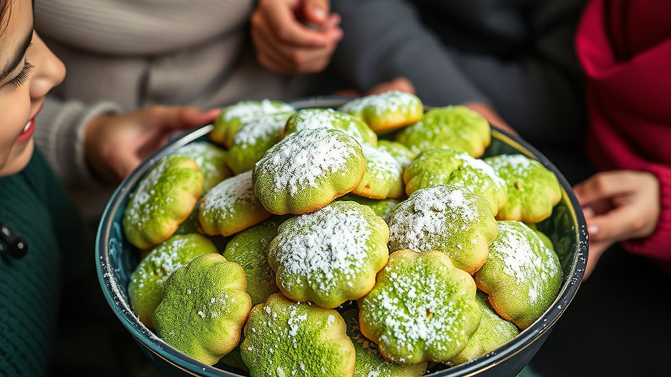 Eye-level view of a family sharing a plate of fresh Kahk cookies during a celebration