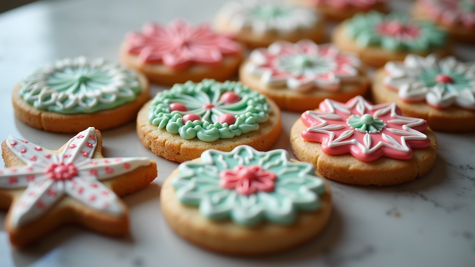 Eye-level view of beautifully decorated cookies with intricate royal icing designs