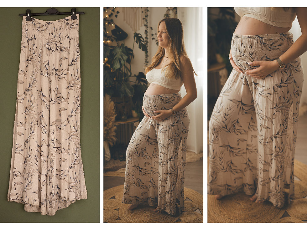 Séance photo grossesse en studio : future maman vêtue d’un pantalon fluide mis à disposition dans le dressing du studio, posant avec douceur et élégance
