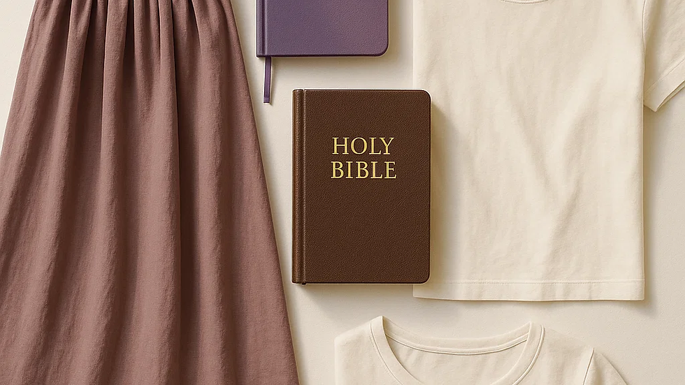 Modest garments and a Bible with journal in soft light, representing holy living.