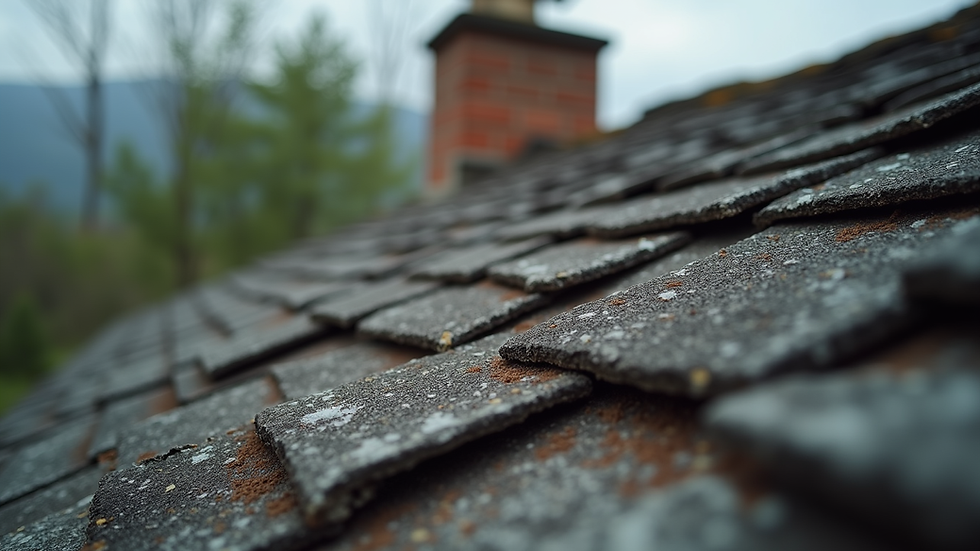 Close-up view of a damaged roof showing missing shingles