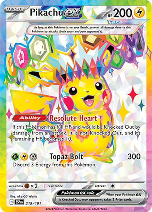 An 'Ultra Rare' Pikachu from the Surging Sparks set.