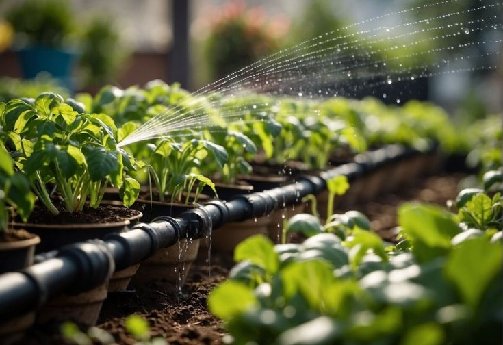 Raised garden beds being watered efficiently using a system of drip irrigation for gardens.