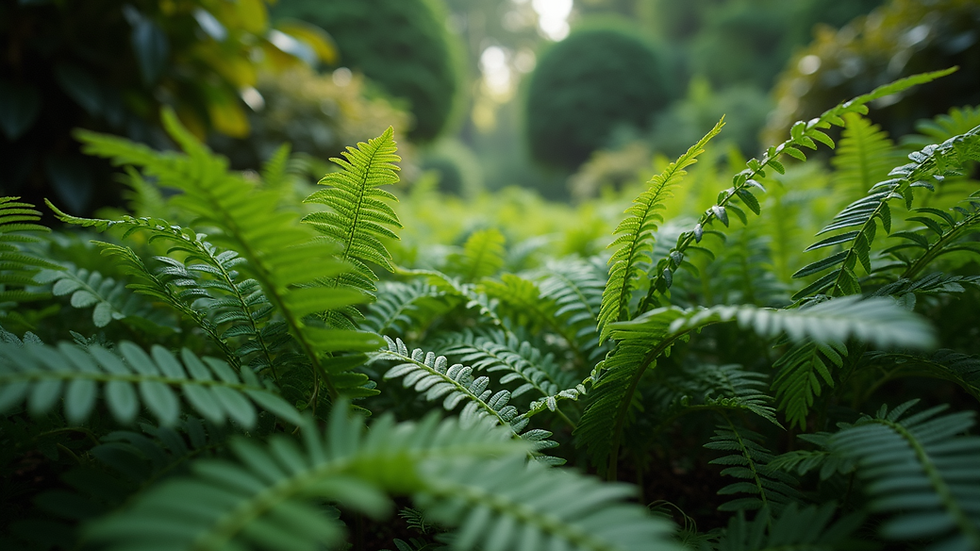 Eye-level view of a shady garden filled with lush ferns