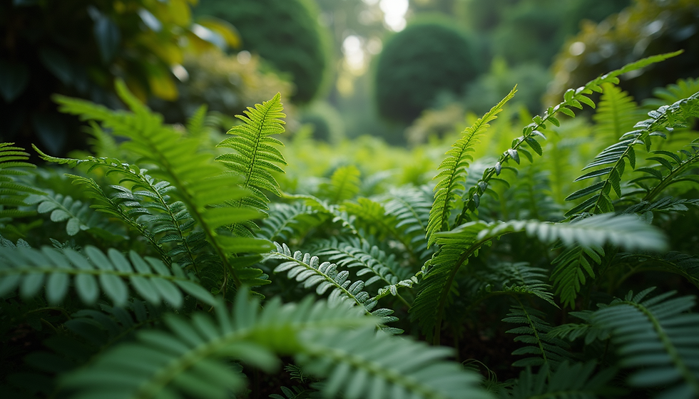 A lush, shaded garden filled with vibrant green ferns, showcasing truths about plant care.