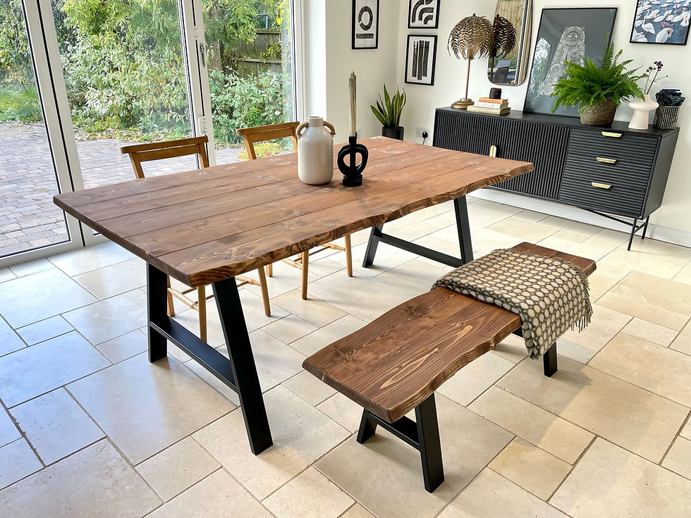 Thumbnail: Live Edge Dining Table And Bench Set On A Frame Steel Legs