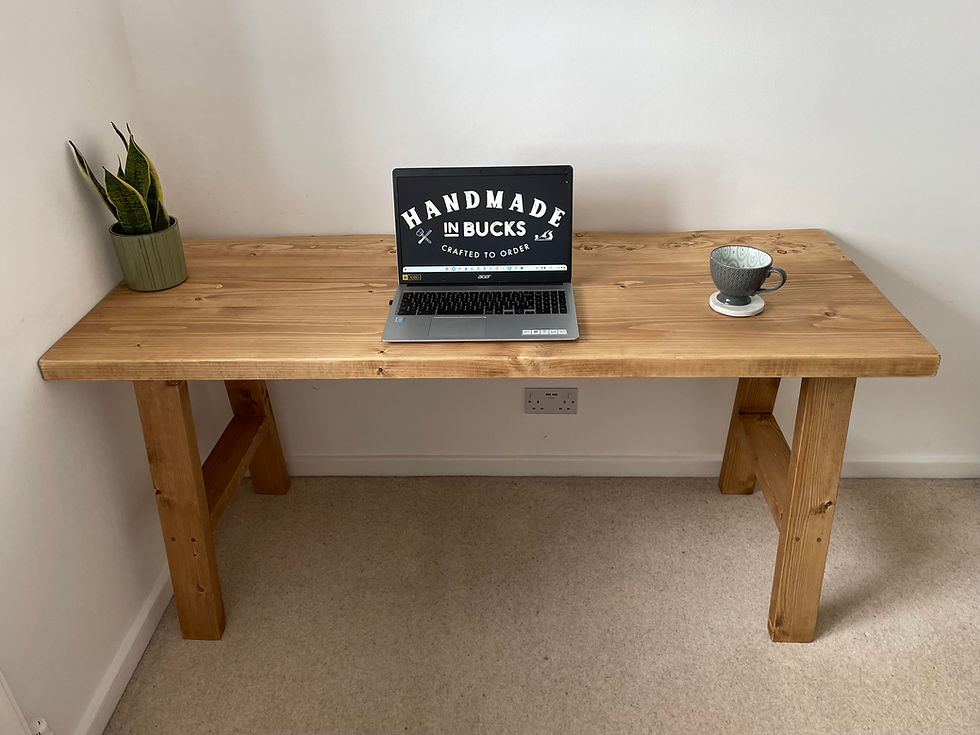 Thumbnail: Rustic chunky handmade desk with timber A-frame legs frotn facing view