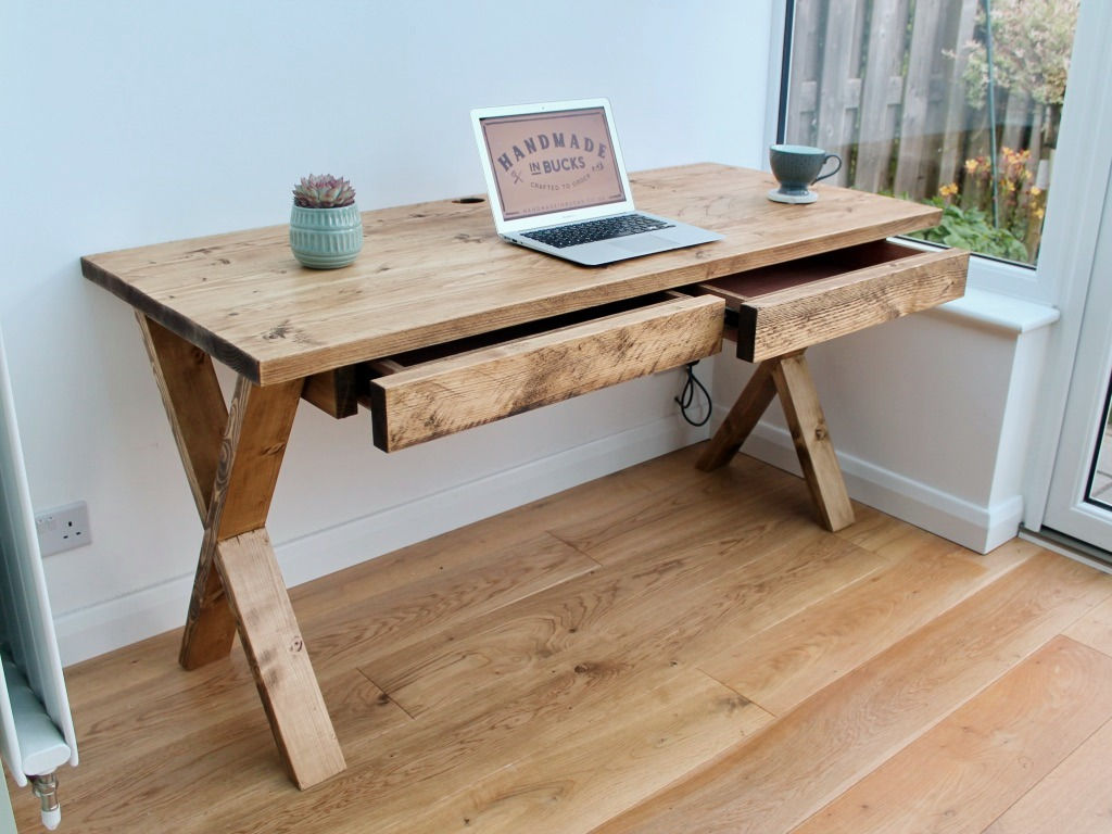 Desk With 2 Slow Closing Drawers On Solid Wood X Frame Legs