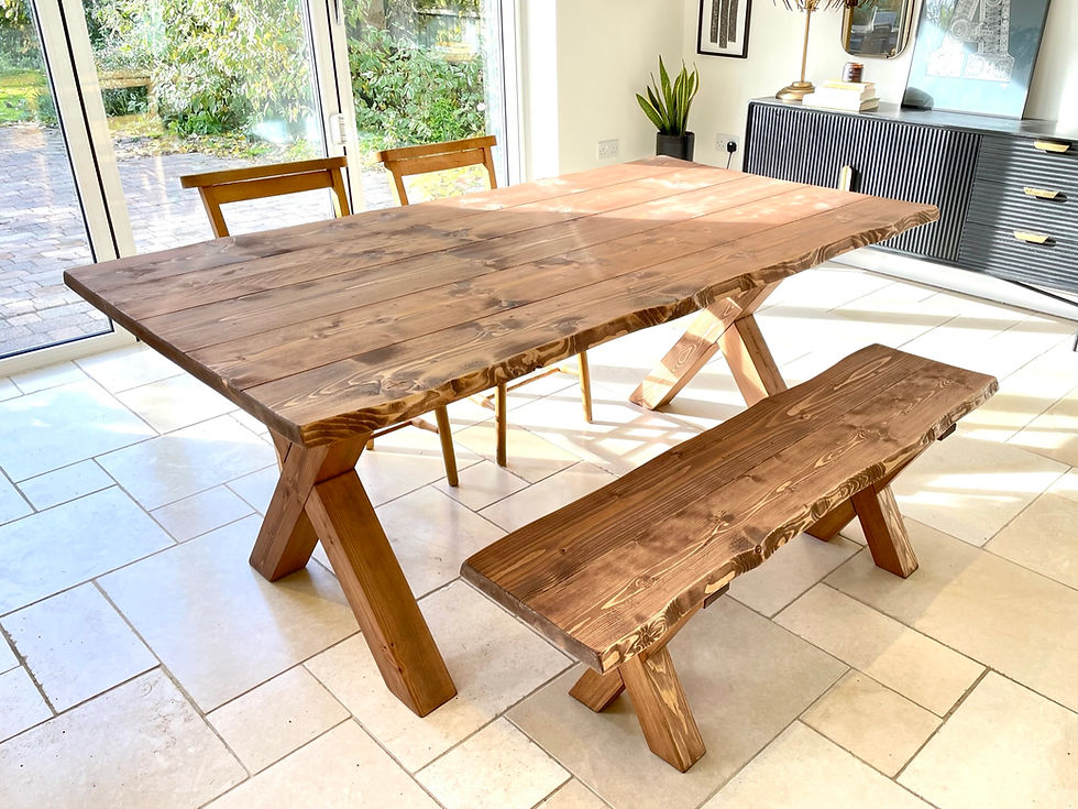 Thumbnail: Live Edge Dining Table And Bench Set On Chunky X-frame Timber Legs