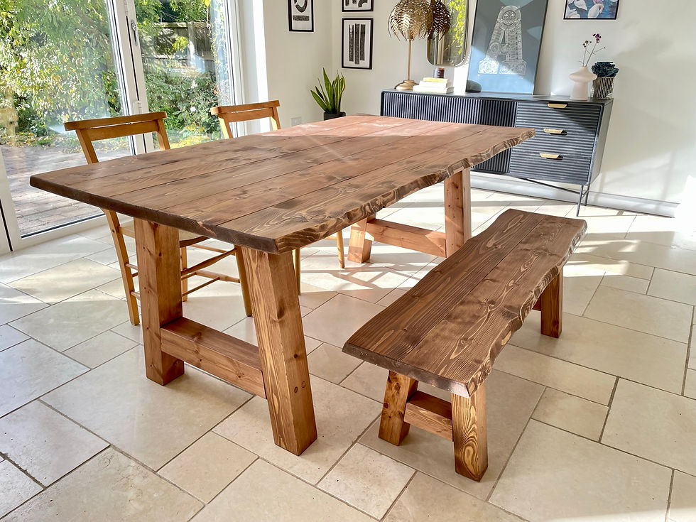 Thumbnail: Live Edge Dining Table And Bench Set On Chunky A-frame Timber Legs