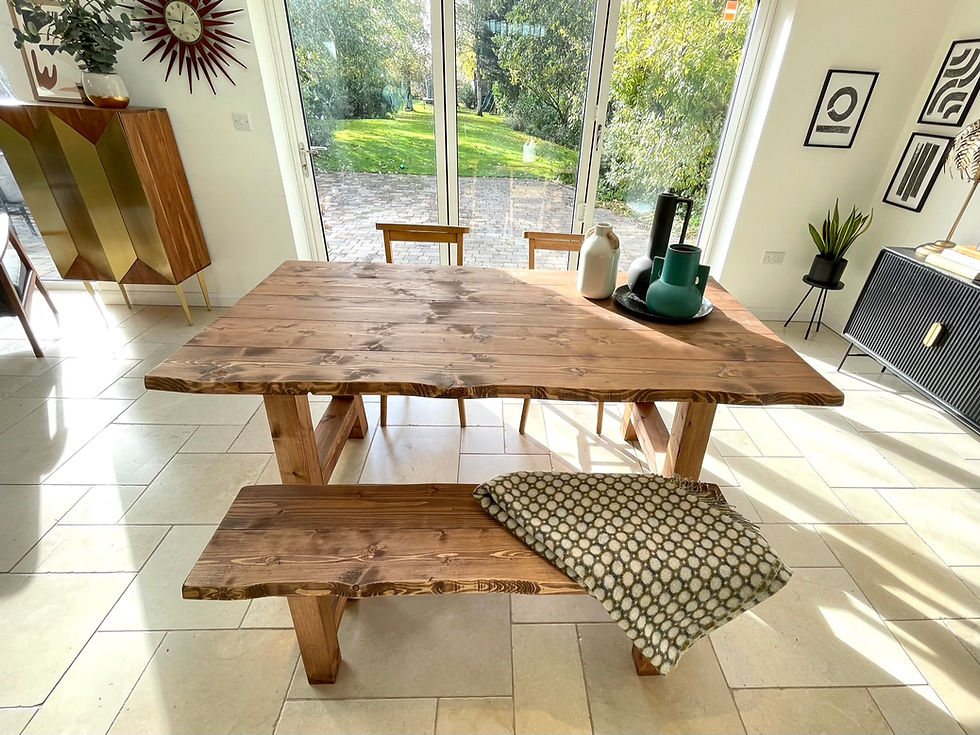 Thumbnail: Live Edge Dining Table And Bench Set On Chunky A-frame Timber Legs