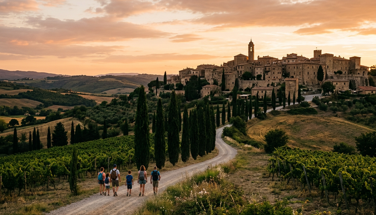 Wide-angle view of a Tuscan hill town at sunset.