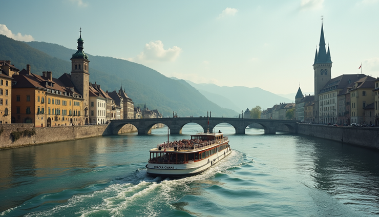 Eye-level view of a classic European riverboat cruising along a calm river with historic towns on the banks