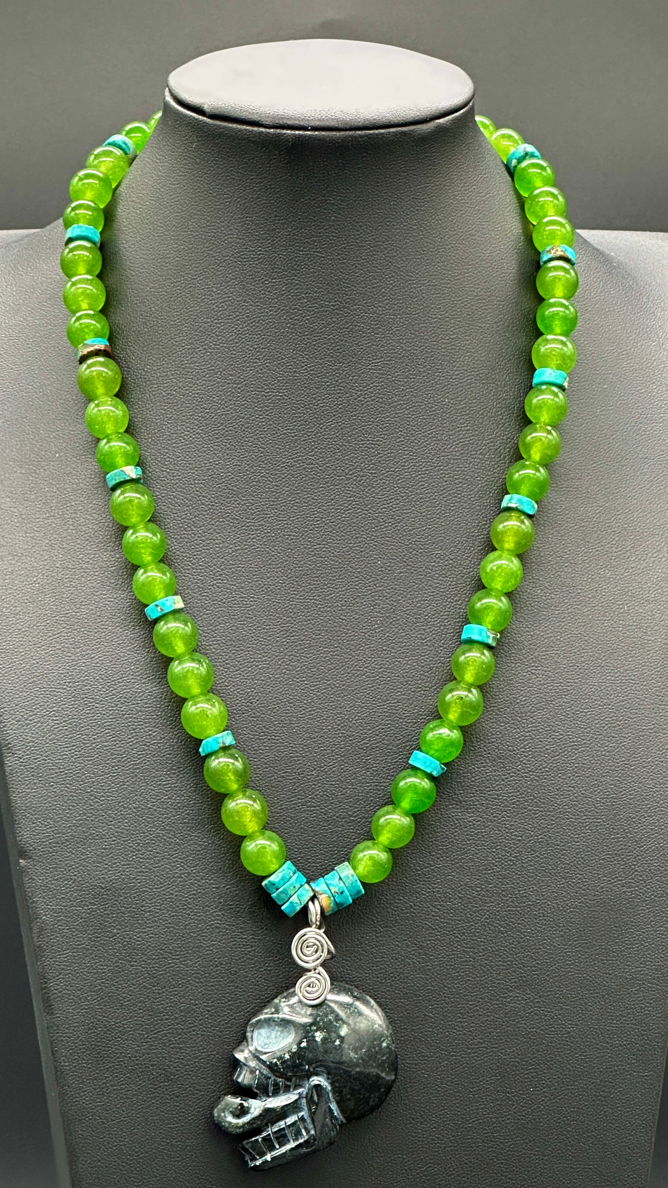 Mayan Jade , Turquoise , Serpentine Skull Necklace 