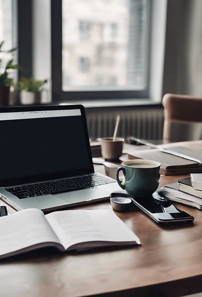 an office with a laptop, phone, glass, b