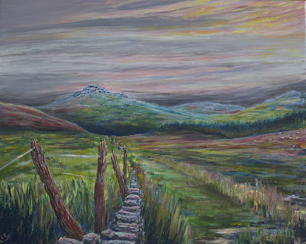 rough tor bodmin moors and a stone wall, original art acrylc painting by Helen Elizabeth Manley