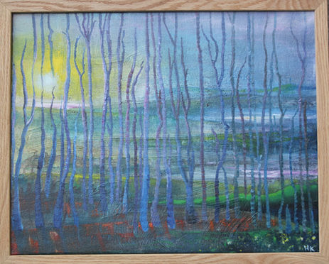 Painting of Trees and view to the sunset over the sea