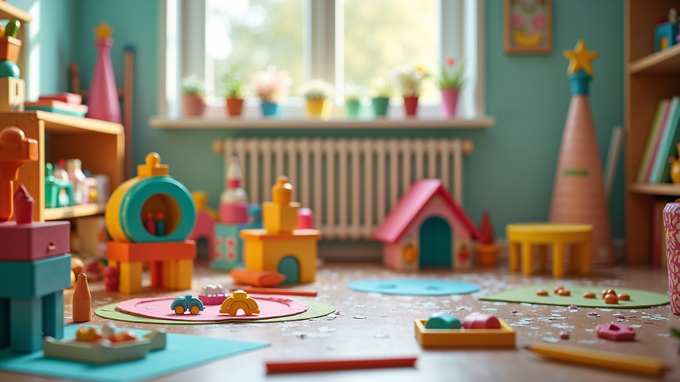 Eye-level view of a colorful play therapy room filled with toys