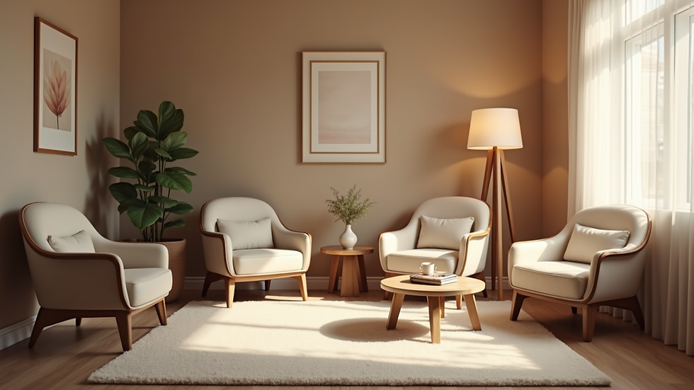 Eye-level view of a cozy therapy room with comfortable chairs and soft lighting