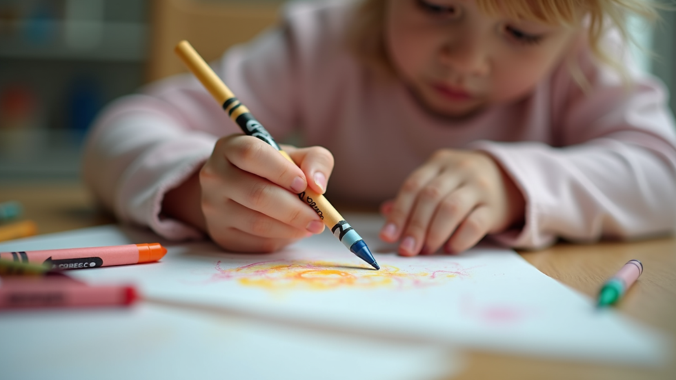 Close-up view of a child’s hands drawing with crayons during therapy