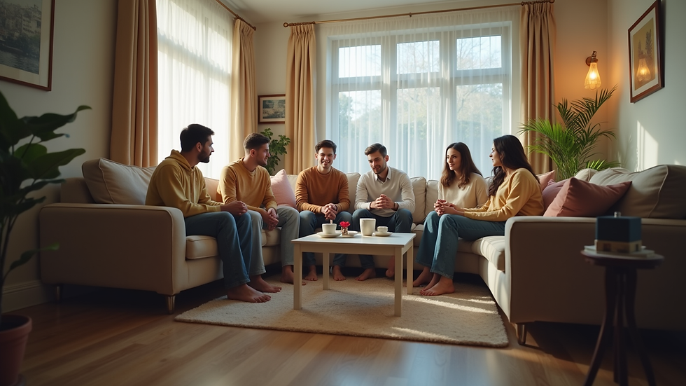 Eye-level view of a family sitting together in a living room discussing