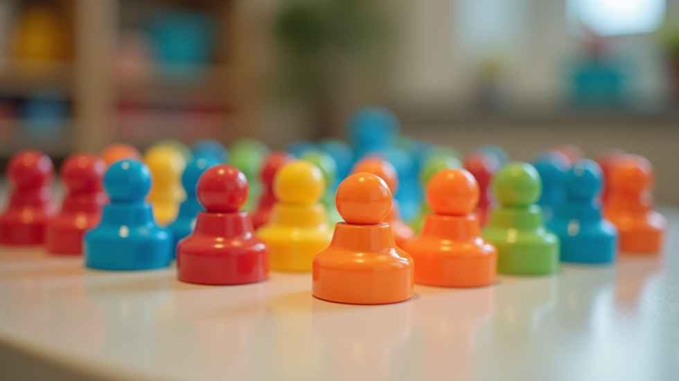 Close-up view of colorful play therapy tools arranged on a table