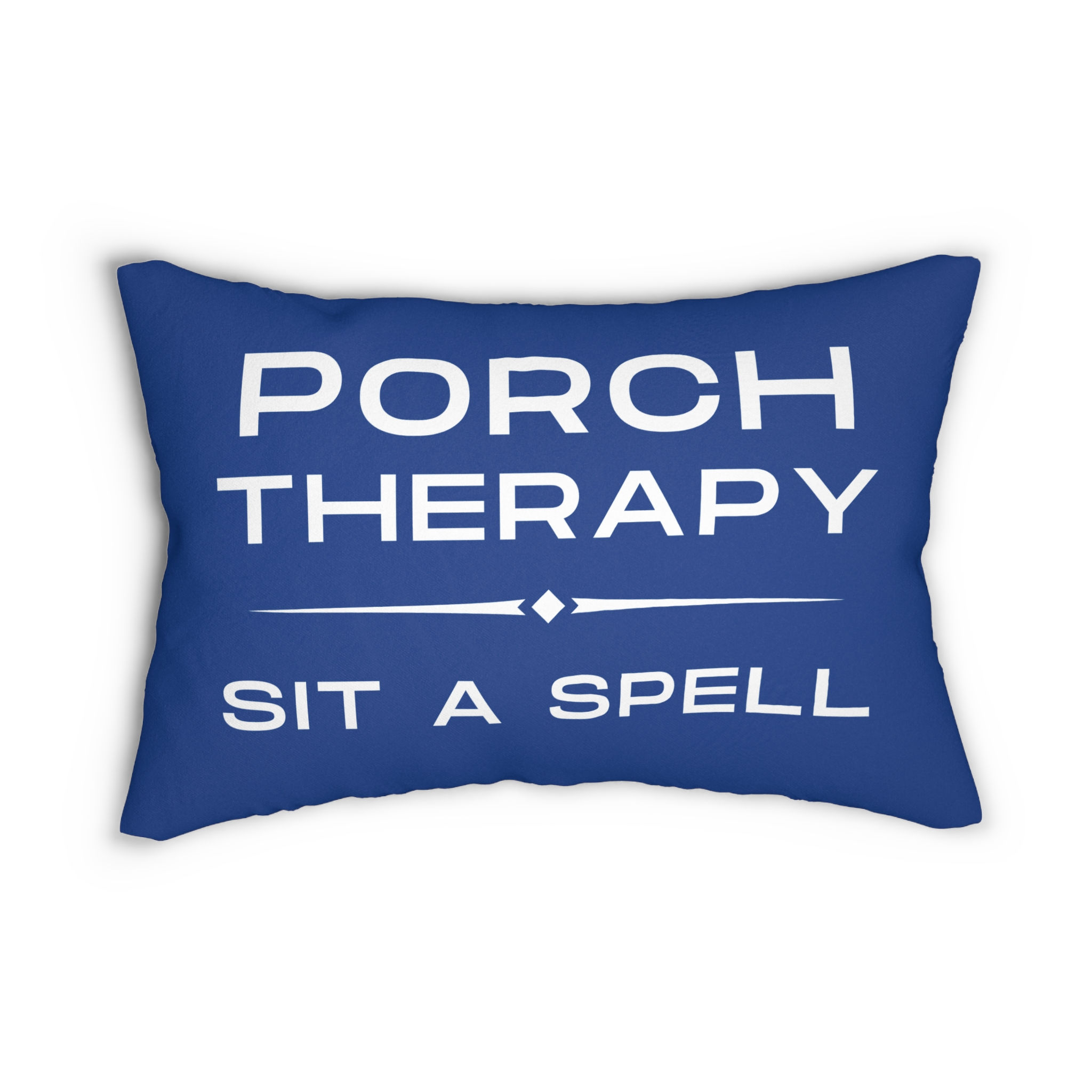 Porch Therapy polyester lumbar pillow in blue with white text