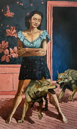 wolves walking under a woman, vintage