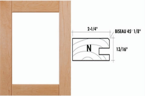 Wooden cabinet door with size details: 2-1/4", 13/16" and "N". Biseau 45 1/8".