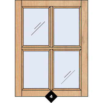 Wooden cabinet door with four glass panes, number four at the bottom.